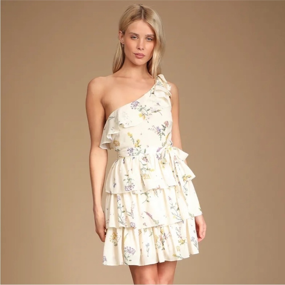 Lulus Perfect Posy Cream Floral One Shoulder Tiered Ruffle Mini Dress Small
